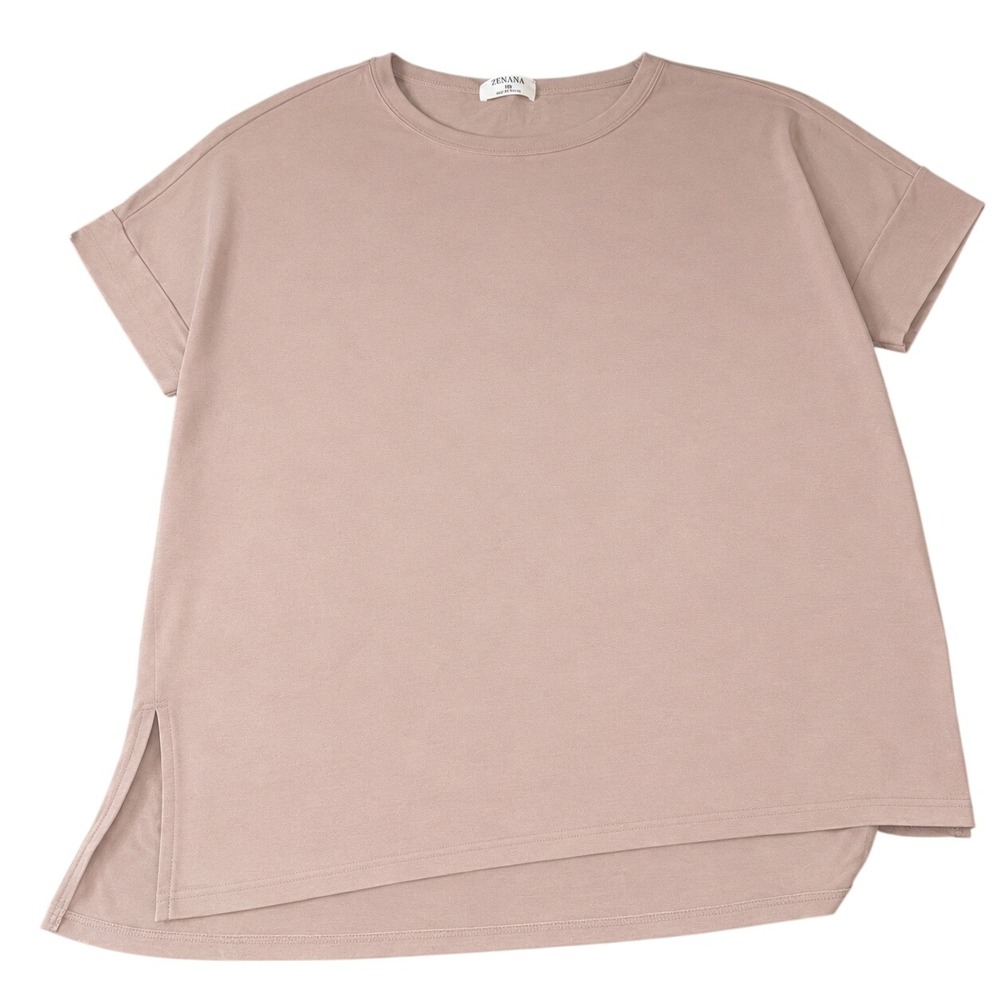 Zenana Short Sleeve T-Shirt 2X Tan Relaxed Fit High-Low Hem Crew Neck Top
